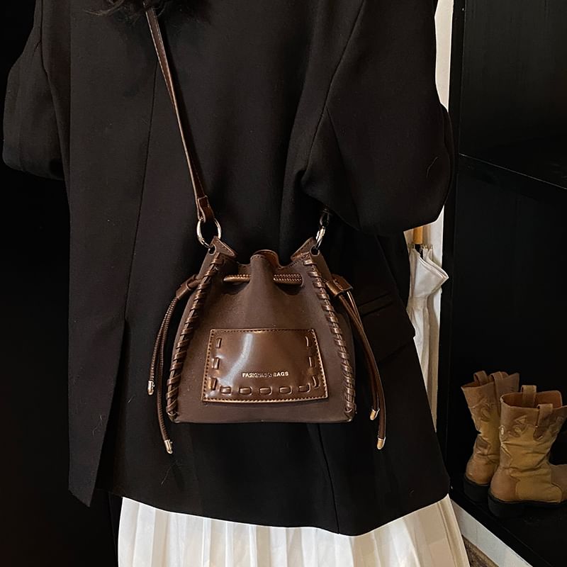 Drawstring Leather Applique Bucket Bag Faux