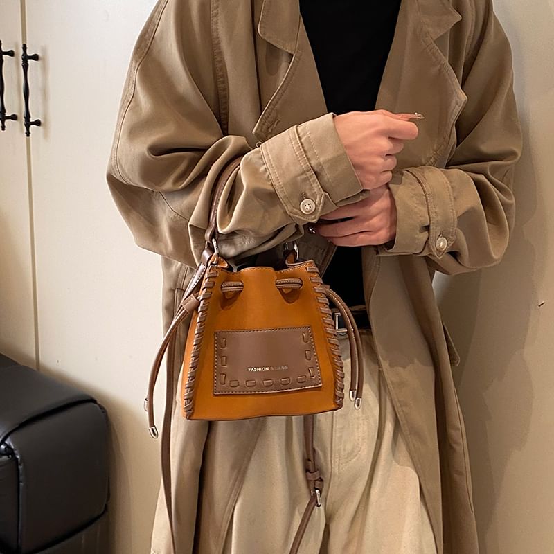 Drawstring Leather Applique Bucket Bag Faux
