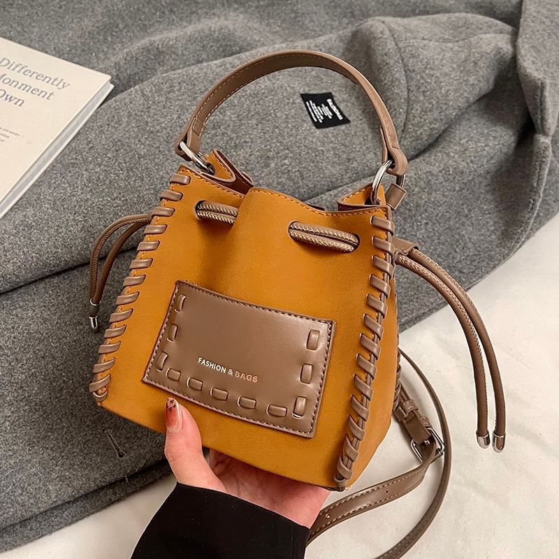 Drawstring Leather Applique Bucket Bag Faux