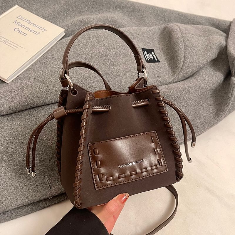 Drawstring Leather Applique Bucket Bag Faux