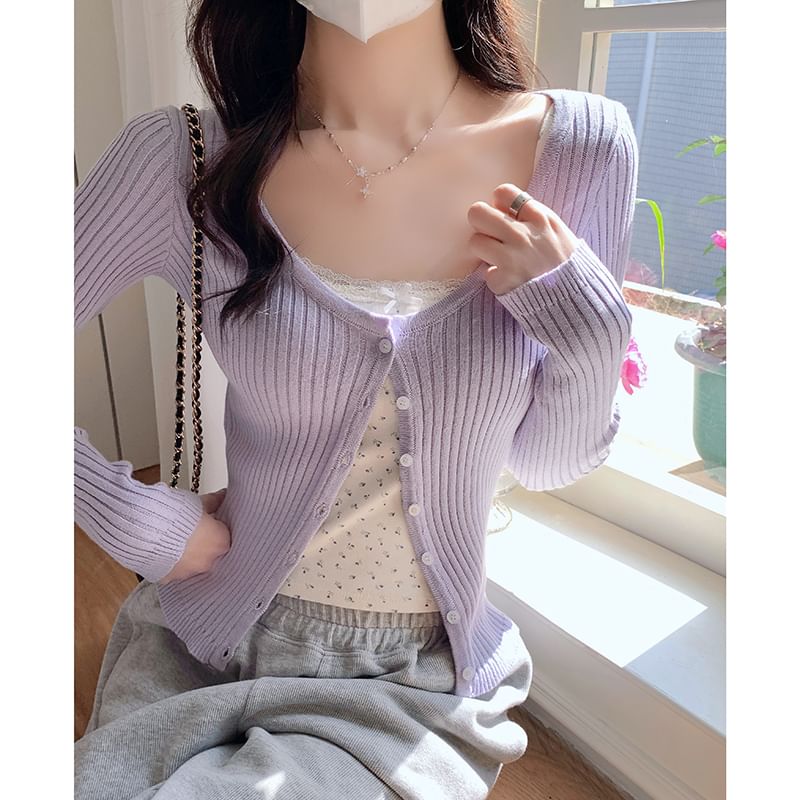 Ribbed Cropped Button-Up Cardigan - Long Sleeve