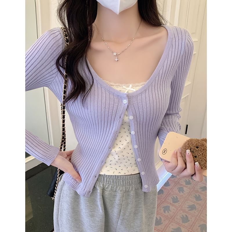 Ribbed Cropped Button-Up Cardigan - Long Sleeve