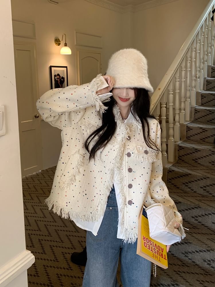 Round Neck Melange Fringe Tweed Jacket