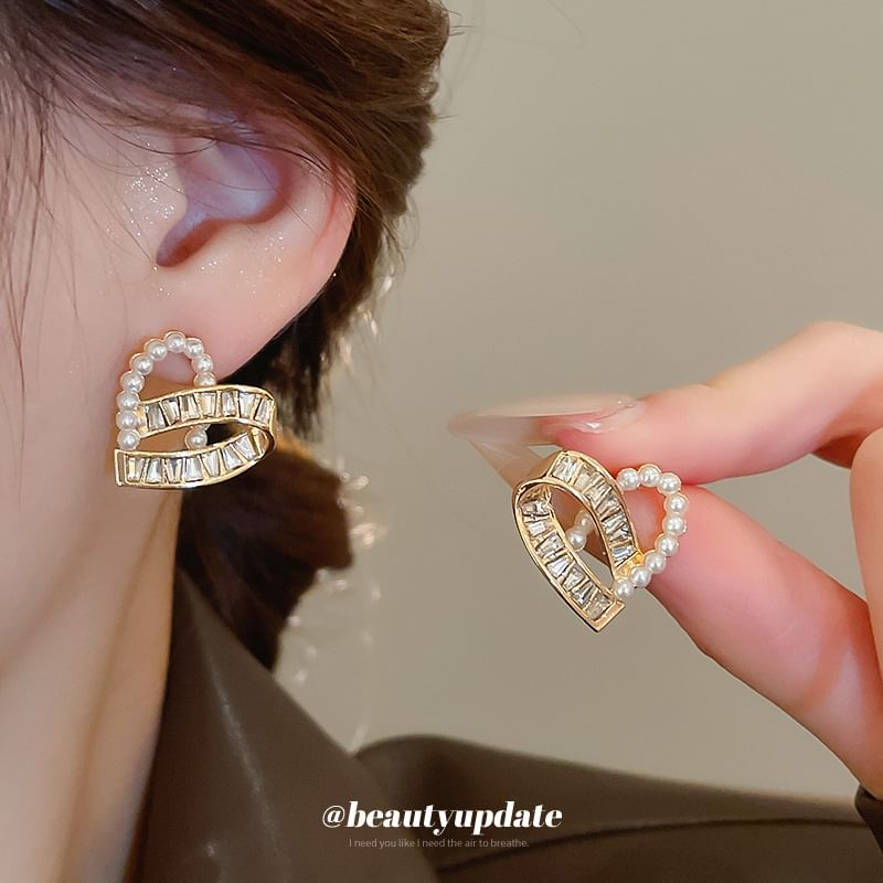 Hoop Faux / Heart Rhinestone Ear Earring Stud Pearl