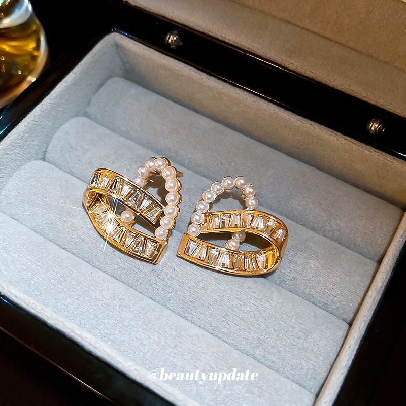 Hoop Faux / Heart Rhinestone Ear Earring Stud Pearl