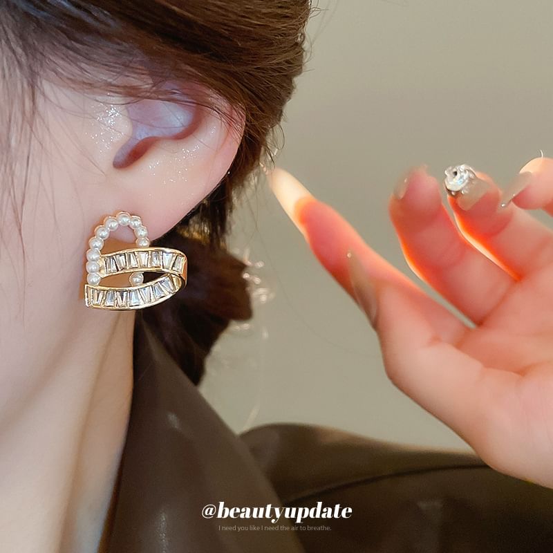 Hoop Faux / Heart Rhinestone Ear Earring Stud Pearl
