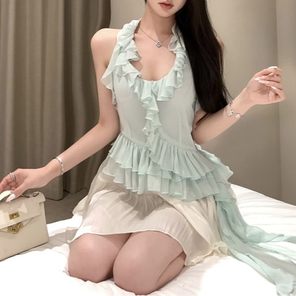 Plain A-Line / High Skirt Rise Scoop Neck Top Ruffle Asymmetrical Halter Mini