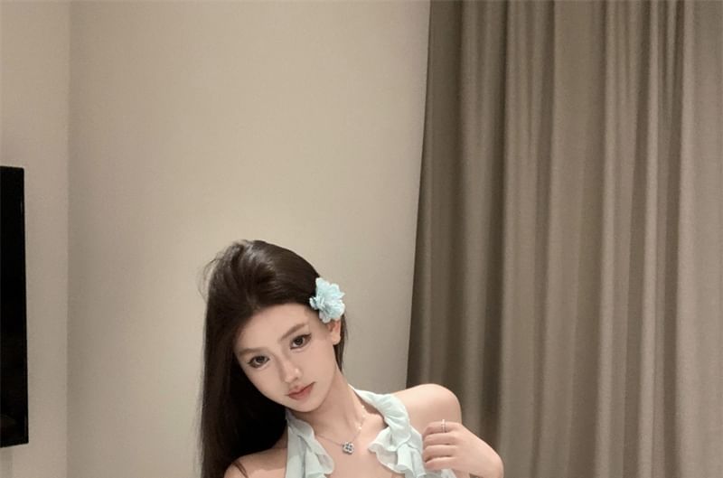 Plain A-Line / High Skirt Rise Scoop Neck Top Ruffle Asymmetrical Halter Mini