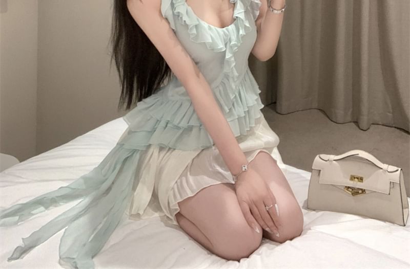 Plain A-Line / High Skirt Rise Scoop Neck Top Ruffle Asymmetrical Halter Mini