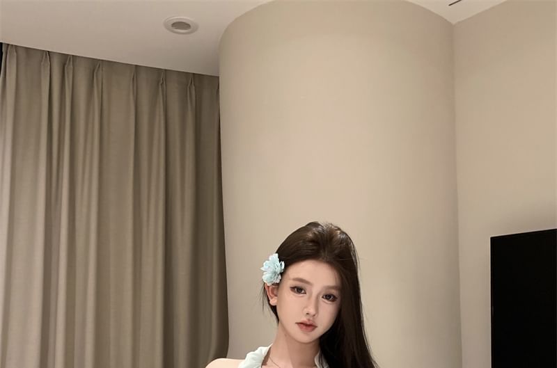 Plain A-Line / High Skirt Rise Scoop Neck Top Ruffle Asymmetrical Halter Mini