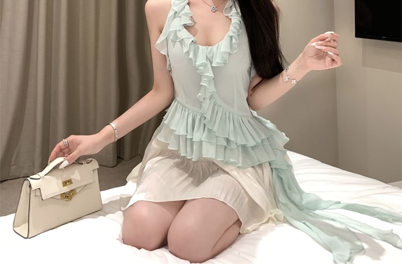 Plain A-Line / High Skirt Rise Scoop Neck Top Ruffle Asymmetrical Halter Mini