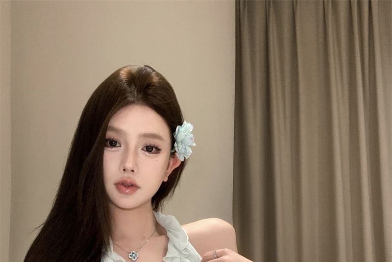 Plain A-Line / High Skirt Rise Scoop Neck Top Ruffle Asymmetrical Halter Mini