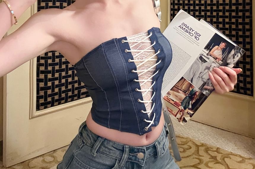 Striped Tube Lace Denim Panel Top Lace-Up