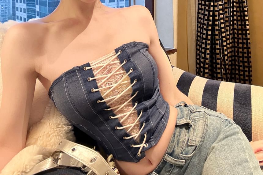 Striped Tube Lace Denim Panel Top Lace-Up