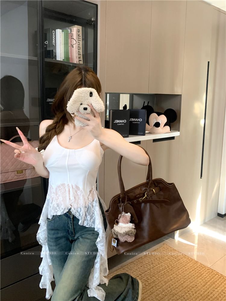 Lace Neck Camisole Asymmetrical Trim Top Scoop Plain