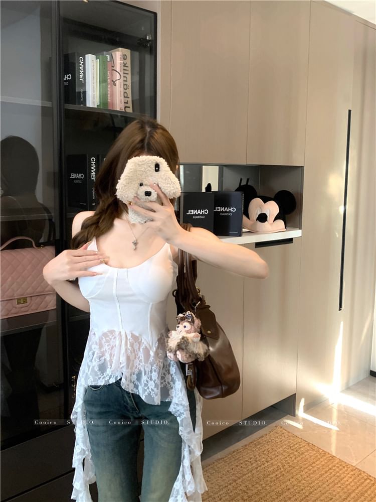 Lace Neck Camisole Asymmetrical Trim Top Scoop Plain