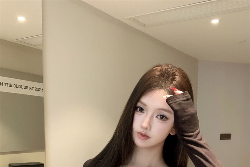 Lace-Up T-Shirt Plain Long-Sleeve Cold-Shoulder