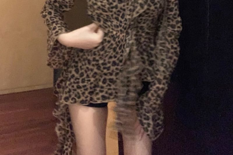 Ruffled Asymmetrical Blouse Print Leopard Long-Sleeve Choker-Neck