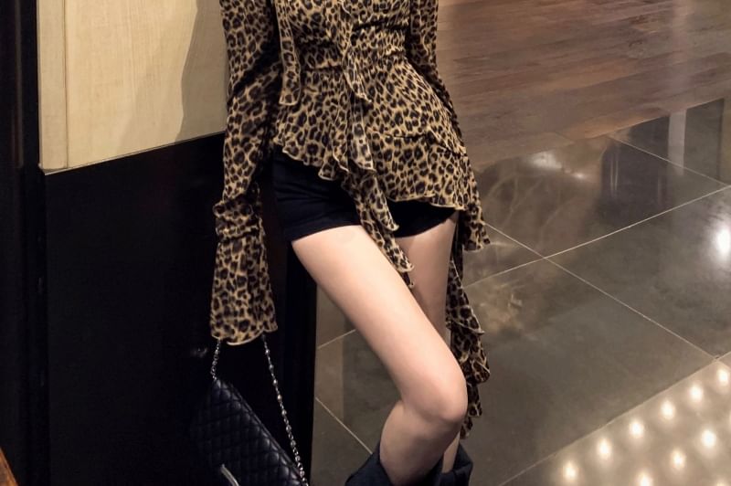 Ruffled Asymmetrical Blouse Print Leopard Long-Sleeve Choker-Neck