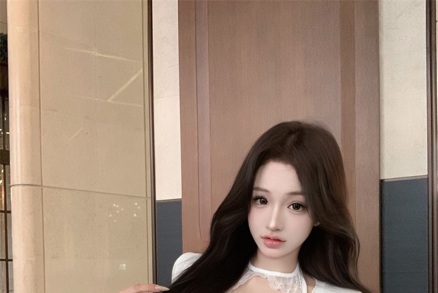 Long Sleeve Round Henley Neck Plain Lace Panel T-Shirt