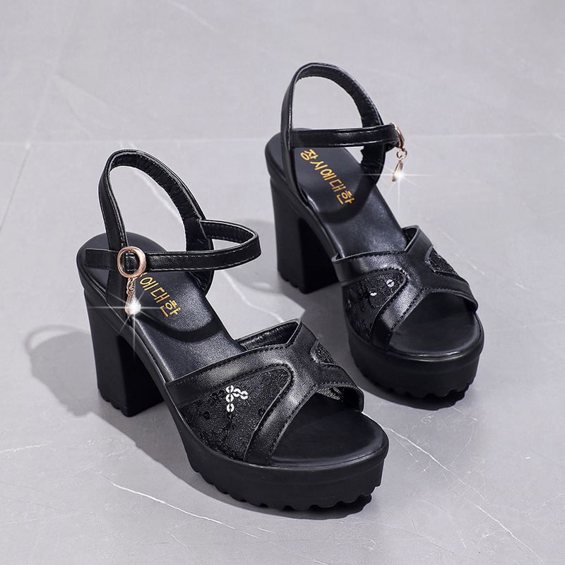 Sequined Chunky Platform Heel Sandals