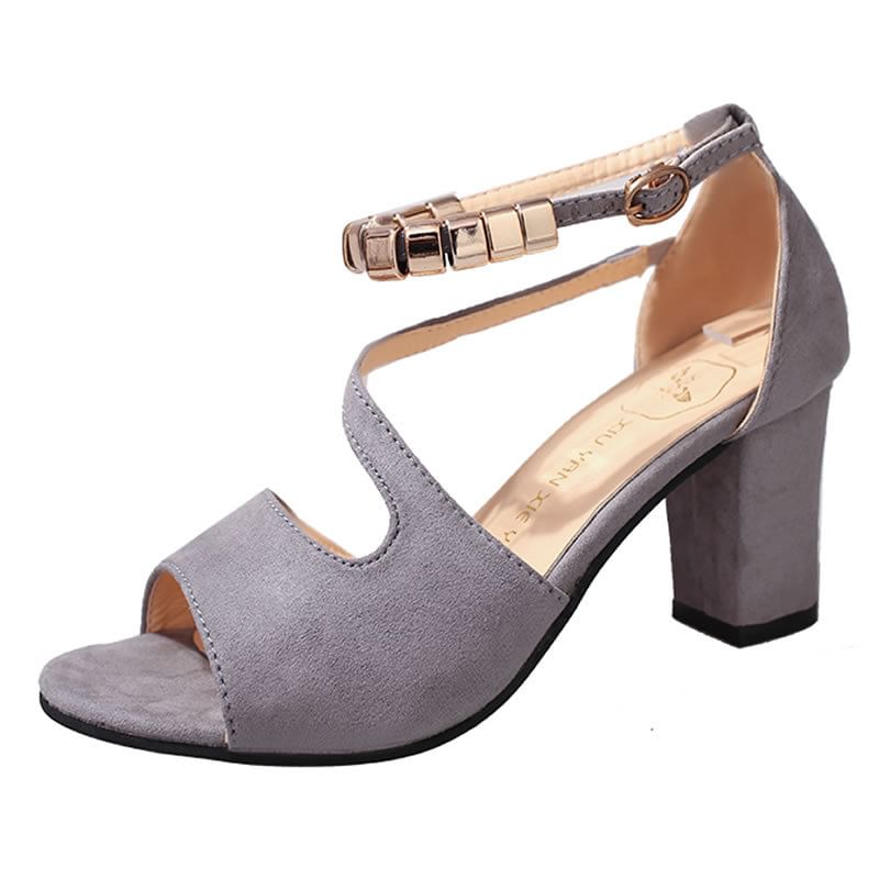 Metal Ankle Heel Sandals Bead Chunky Strap