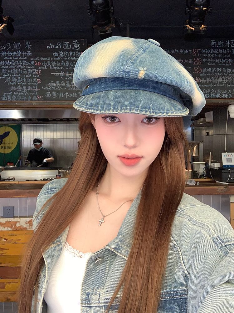 Distressed Denim Newsboy Cap Washed