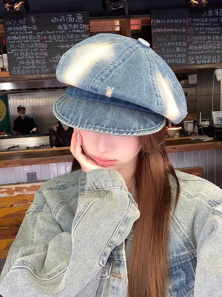 Distressed Denim Newsboy Cap Washed