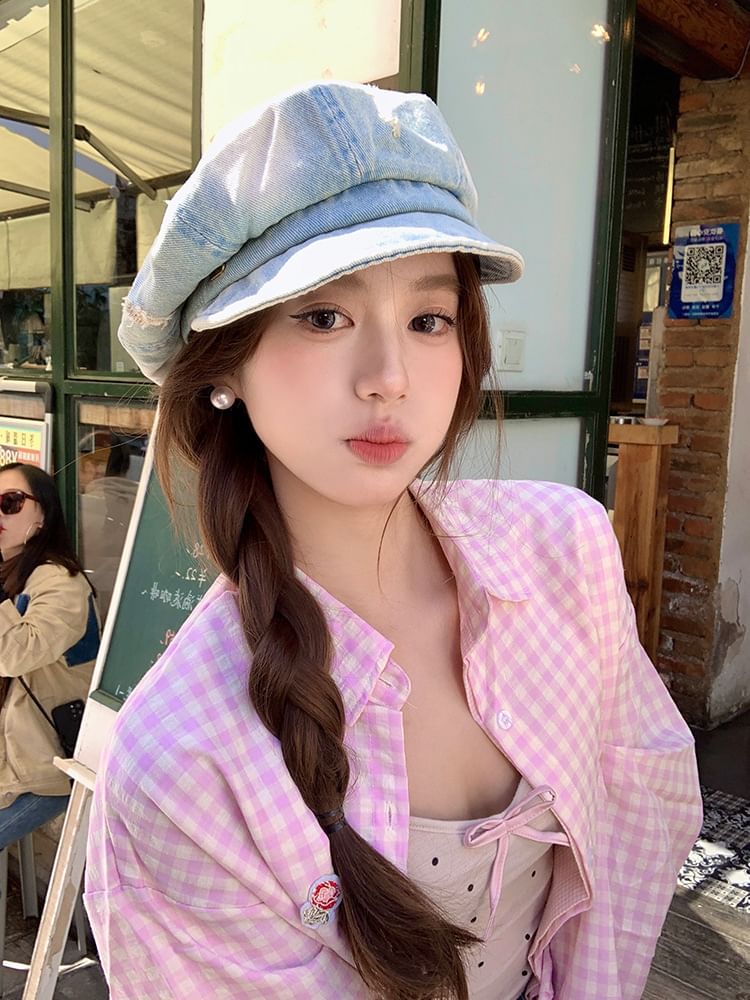 Distressed Denim Newsboy Cap Washed