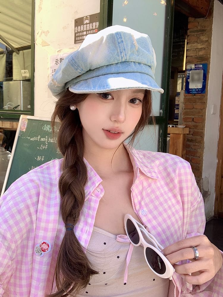 Distressed Denim Newsboy Cap Washed