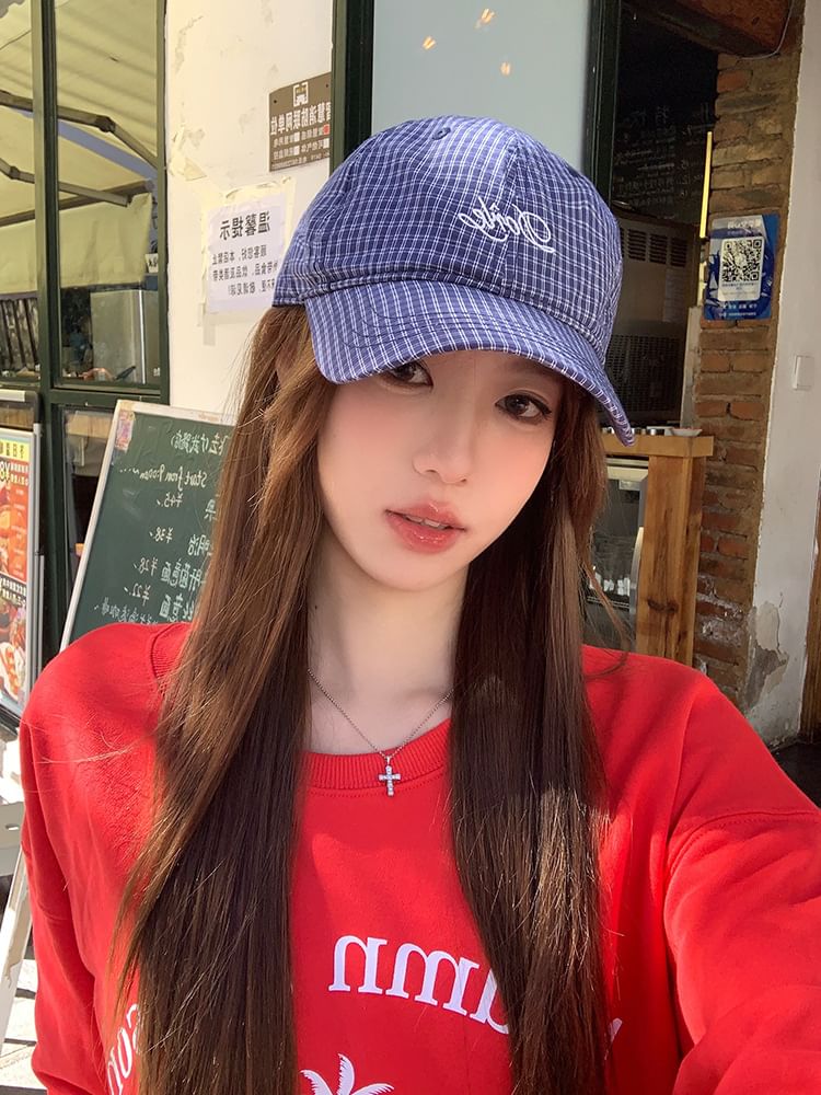 Plaid Embroidered Baseball Lettering Cap