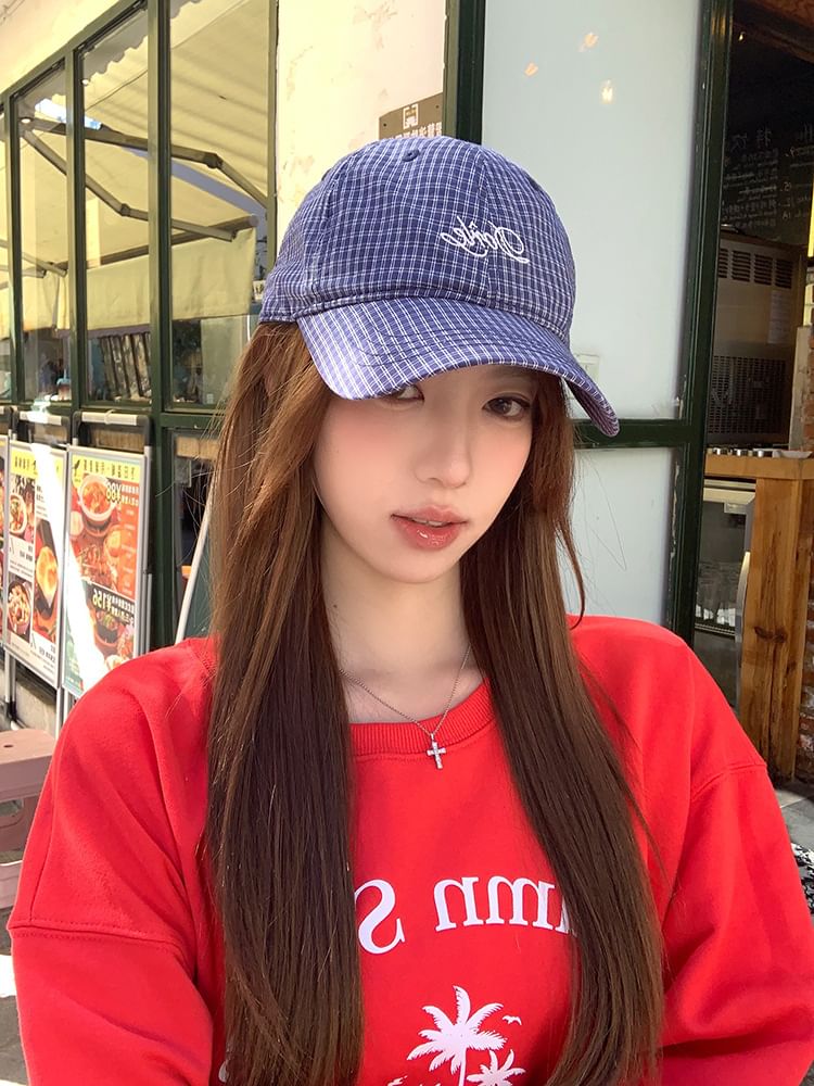 Plaid Embroidered Baseball Lettering Cap