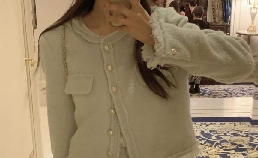 Round Neck Plain Fringed Tweed Button Jacket