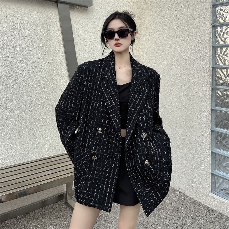 Notch Lapel Plaid Tweed Double-Breasted Blazer