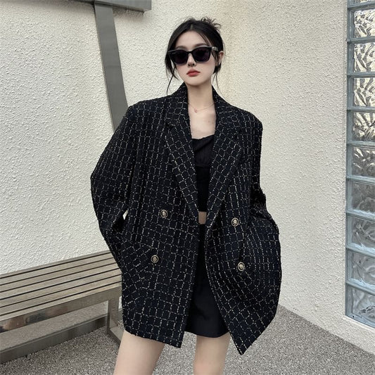 Notch Lapel Plaid Tweed Double-Breasted Blazer