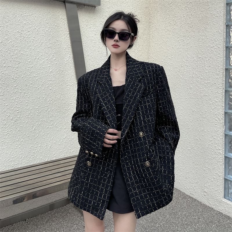 Notch Lapel Plaid Tweed Double-Breasted Blazer