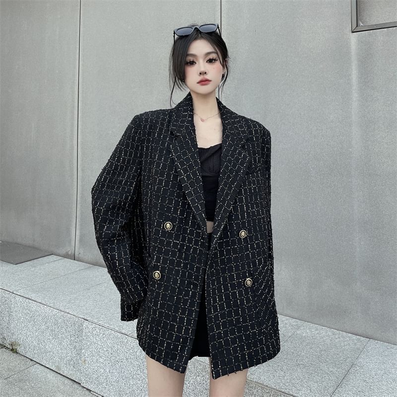 Notch Lapel Plaid Tweed Double-Breasted Blazer