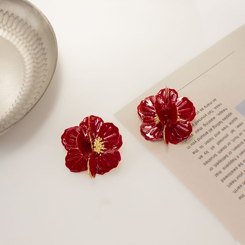Clip On Enamel Earring Stud / Flower