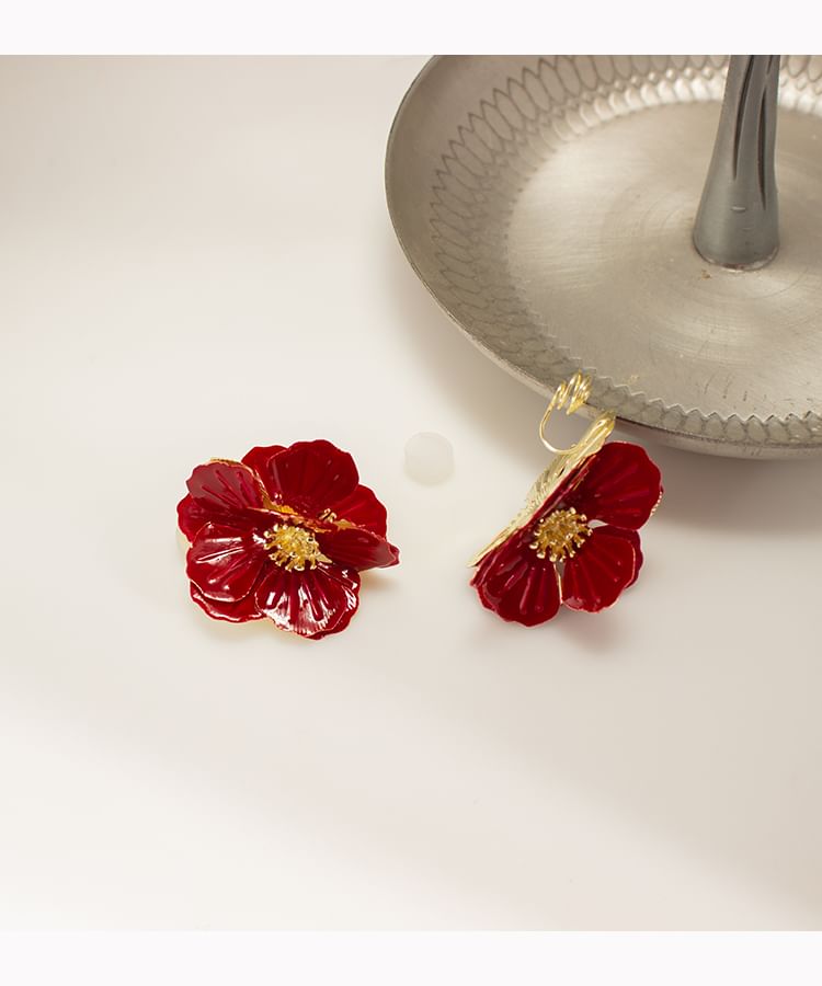 Clip On Enamel Earring Stud / Flower