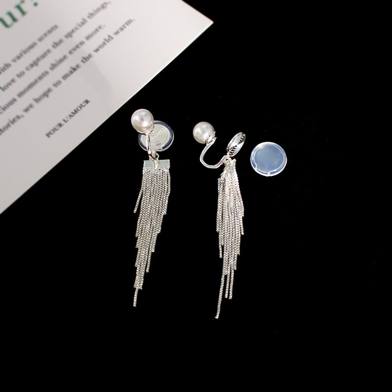 Earring Drop Faux Pearl / Clip On Fringe
