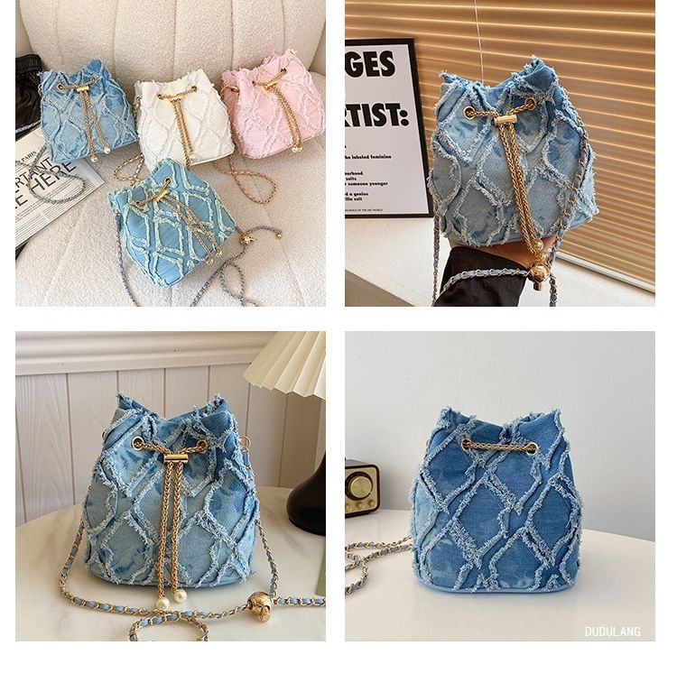 Bucket Drawstring Bag Chain Strap Frayed