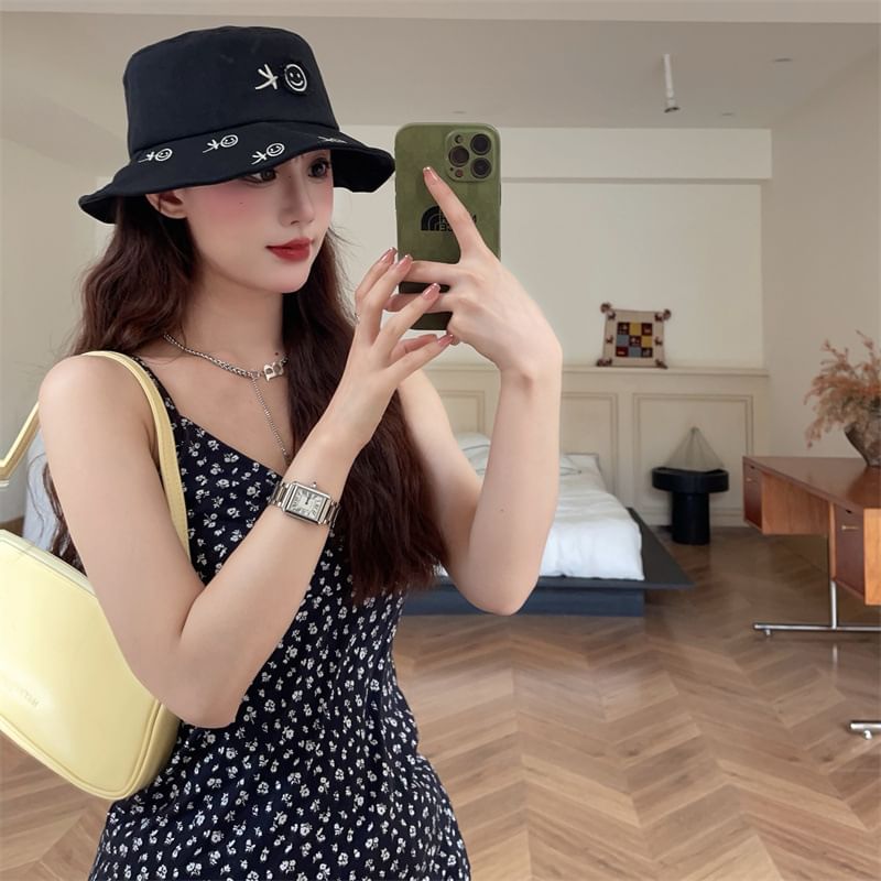 Hat Face Smiley Embroidered Bucket