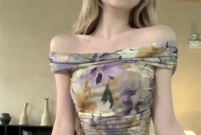Tee Ruched Off-Shoulder Floral Cropped Short-Sleeve
