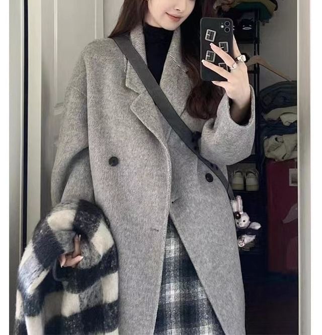 Collared Plain Midi Double Breasted Coat