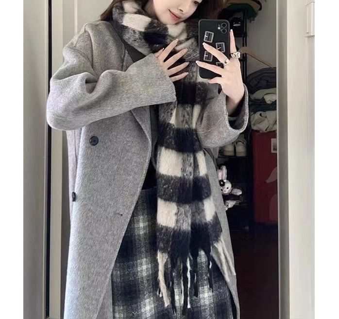 Collared Plain Midi Double Breasted Coat