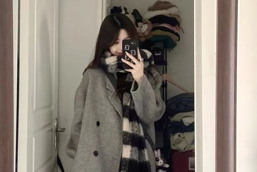 Collared Plain Midi Double Breasted Coat