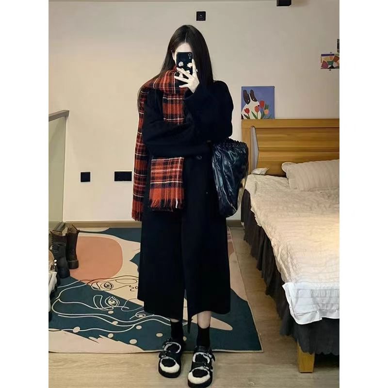 Collared Plain Midi Double Breasted Coat