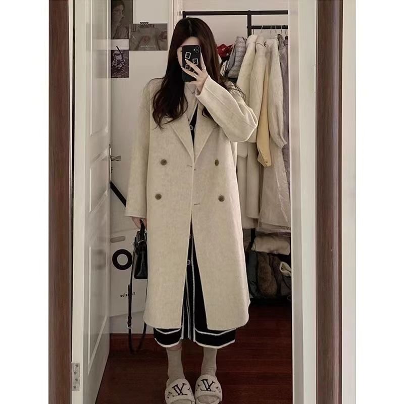 Collared Plain Midi Double Breasted Coat