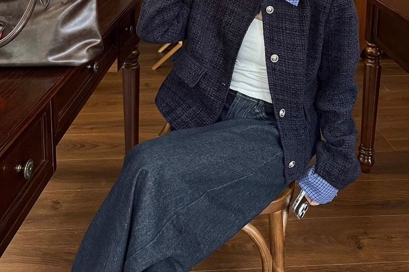 Collared Plaid Mock Two Piece Tweed Button Jacket