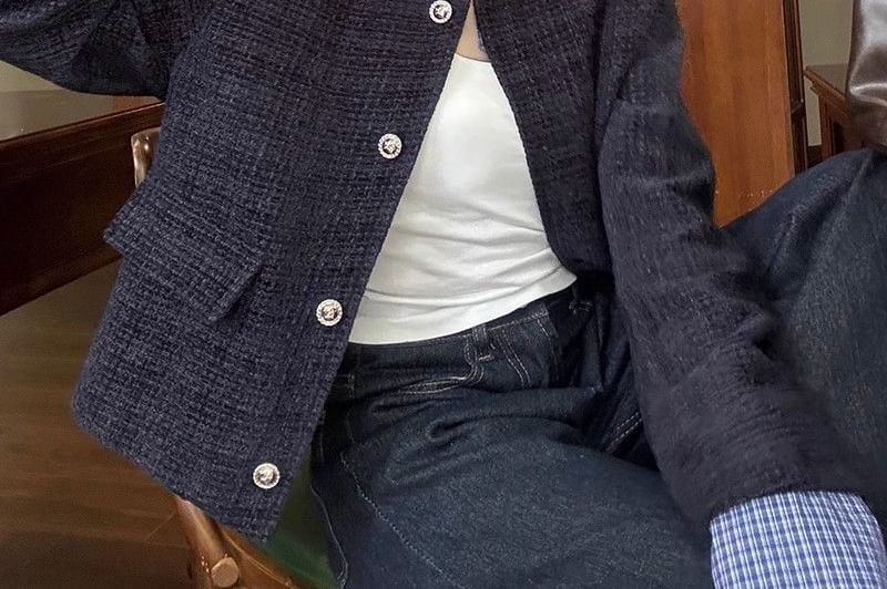 Collared Plaid Mock Two Piece Tweed Button Jacket